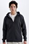 Regular Fit Hooded Soft Fleece Inside Pocketed Basic Plain Zippered Sweatshirt X8331Az24Au