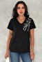 Women's Black V-Neck Shoulder Sequin Embroidered 100% Cotton T-Shirt - 3