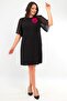Plus Size Short Sleeve Glitter and Rose Shaped Black Dress with Brooch Detail - 2