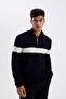 Navy Blue Standard Fit Regular Cut Stand Collar Zip-Up Striped Knitwear Sweater Y4193Az24Wn - 3
