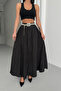 Women's Black Stone Detailed Crush Effect Long Flared Skirt - 5