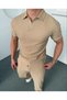 Men's Beige Corded Polo Neck T-Shirt and Elastic Waist Jogger Sweatpants Slim Fit Set - 2