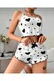 Lily Red/Black Heart Pattern Ribbon Detail 100% Cotton Thin Strap Bustier Shorts Set