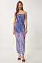 Women's Purple Pink Patterned Strapless Midi Knitted Dress Wo00048 - 2