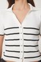 Women's Ecru Black Striped Seasonal Knitwear Cardigan Ub00367 - 4