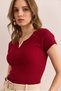 Women's Burgundy V Metal Detailed Stretchy Cotton Blouse Blz- 19002921 - 5