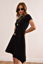 Women's Black Self Belt Detailed Soft Textured Bell Dress Elb- 19002368 - 5