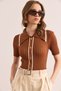 Women's Camel Hair Polo Neck Button Detailed Crop Knitwear Blouse Blz- 19002642 - 3