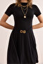 Women's Black Self Belt Detailed Soft Textured Bell Dress Elb- 19002368 - 6