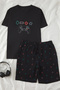 Black Regular Game Printed Knitted Shorts Pajama Set Tmnss25Pt00077 - 3