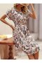 Women Short Sleeve Crew Neck Floral Pattern Belted Single Jersey Midi Dress - 4