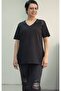 Black V-Neck Front Shoulder Black and White Sequin Pallette Detailed Short-Sleeved Combed Viscose T-Shirt - 6