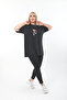 Large Size Knitted Viscose Black Printed Salas T-shirt - 3