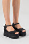 Black Glitter Women's Wedge Heeled Sandals 9cm Comfortable Shoes - 7