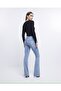 High Waisted Non-Fading Blue Snow Wash Denim Pants Shaping Flare Jeans - 2