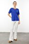 Women's Open Collar Embroidered Combed Cotton T-Shirt Cobalt Blue - 3