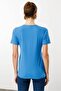 Women's V-Neck Collar Embroidered Cotton T-Shirt Blue - 4