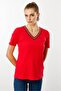 Women's V-Neck Embroidered T-Shirt Red