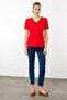 Women's V-Neck Embroidered T-Shirt Red - 3