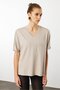 Women's V-Neck T-Shirt with Stones on the Shoulders in Combed Cotton Beige