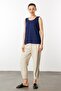 Women's Round Neck T-Shirt with Stone Collar and Straps, Navy Blue - 3