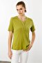 Women's Shoulder and Collar Edge Embroidered Cotton T-shirt Green - 3