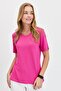 Women's Crew Neck Flamed Fabric Combed Cotton T-Shirt Fuchsia - 4