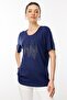 Women's Crew Neck Stone Printed Combed Cotton T-Shirt Navy Blue - 4