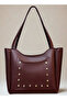 Women's Burgundy Shopper Hand and Shoulder Bag with Front Pocket, Studded Zipper and Snap Closure