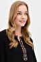 Women's Open Collar Collar Ethnic Embroidered Shirt Black - 8