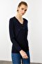 Women's V-Neck Ribbed Knitwear Blouse Navy Blue - 2