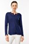 Women's Embroidered Long Sleeve Combed Cotton Blouse Navy Blue - 2