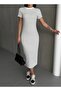 Women's White Striped Slit Stretchy Long Knitted Dress - 3