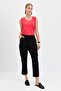 Women's Elastic Waist Carrot Cut Linen Look Trousers with Side Pockets Black - 5