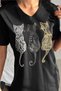 Women's Black V-Neck Large Size Cat Sequin Sequin Embroidered 100% Cotton T-Shirt - 2