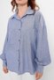 Blue - Balloon Sleeve Striped Shirt - 8