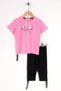 Crew Neck Short Sleeve Perfect Sister Printed Pink Color Girl's Tights Set - 3