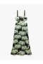 Viscose Fabric Palm Patterned Long Dress with Window Detail and Straps - 5