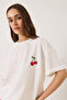 Women's White Cherry Embroidered Crew Neck Short Sleeve Oversize T-Shirt 4011 60283152 - 3