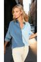Women's Muslin 100% Cotton Casual Color Block Two-Color Long Sleeve Blue Shirt 700-3458275