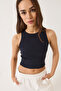 Women's Navy Blue Ribbed Halter Neck Camisole Basic Crop Top Undershirt 60602045 - 4