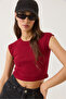 Women's Burgundy Crew Neck Short Sleeve Basic Camisole Crop Top T-Shirt 60602044