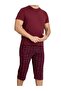 Men's Burgundy Crew Neck 3 Button Plaid Pattern Modal Short Sleeve Pocket Capri Pajama Set - 2
