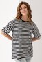 Women's Black White Striped Oversize Short Sleeve Viscose Combed Cotton Blouse - 3