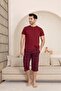 Men's Burgundy Crew Neck 3 Button Plaid Pattern Modal Short Sleeve Pocket Capri Pajama Set - 5