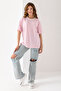 Women's Pink White Striped Oversize Short Sleeve Viscose Combed Cotton Blouse - 2
