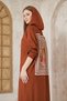 Women's Brown Backless Printed Hooded Slit Oversized Long Sleeve Loose Sports Dress 3225550