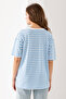Women's Blue White Striped Oversize Short Sleeve Viscose Combed Cotton Blouse - 5