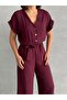 Women's Burgundy Button Detailed Belted Jumpsuit - 5