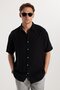 Oversize Seasonal Linen Textured Loose Fit Short Sleeve Comfortable Men's Black Shirt